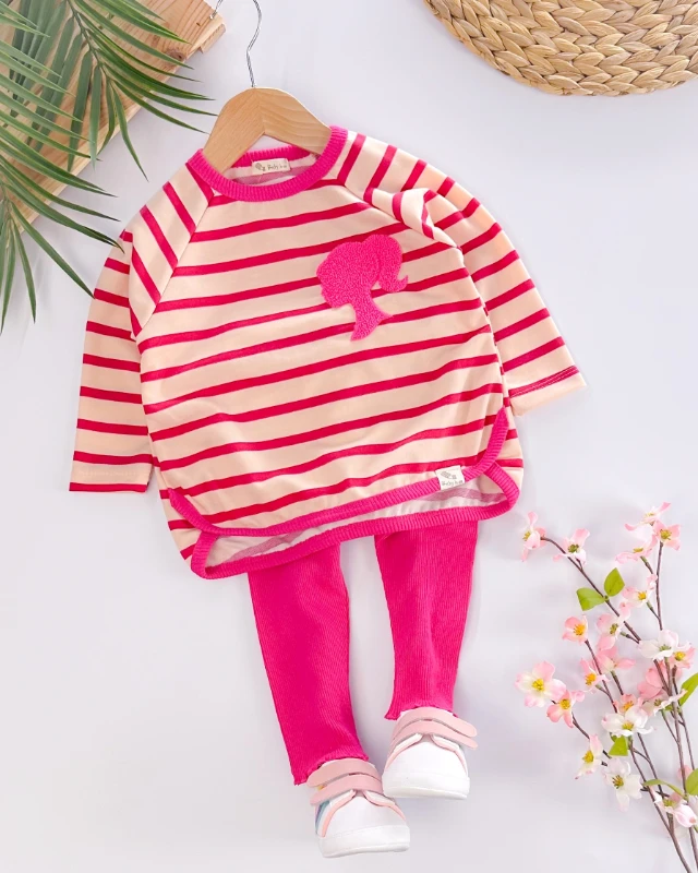 Barbie süzene nakış çizgi detaylı mevsimlik 2li kız bebe takım 
