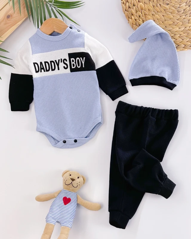 Daddy’s boy omuzdan ve alttan çıtçıt badili waffle kumaş mevsimlik 3lü takım 