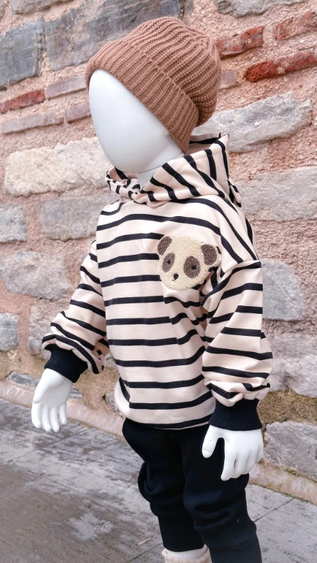Panda Süzene Nakışlı çizgili kapüşonlu owersize mevsimlik 2li unisex bebe takım 