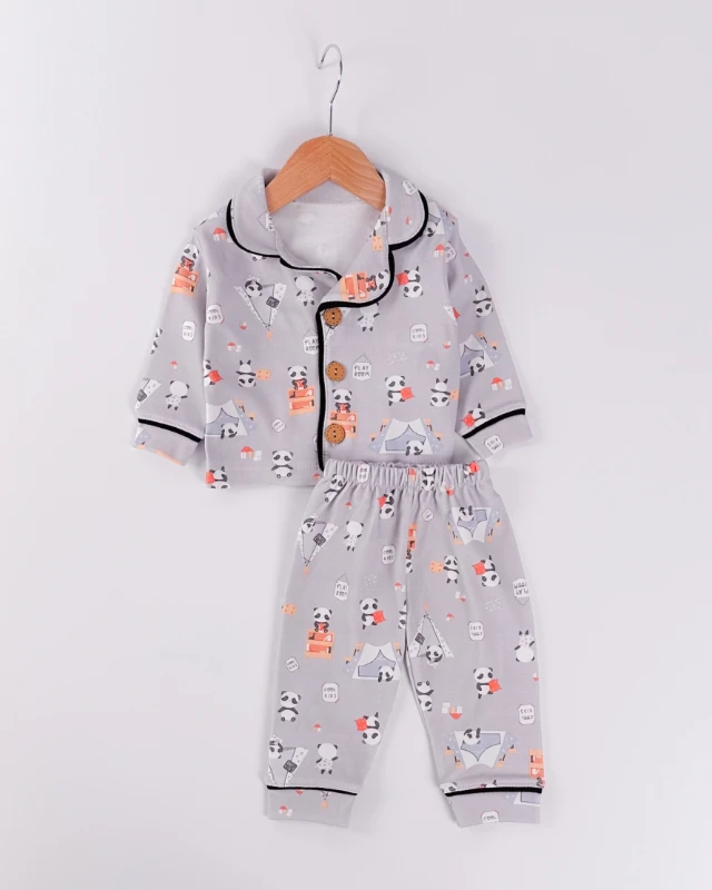 Cool kıds önden ahşap düğme detaylı mevsimlik 2li pijama  takım 