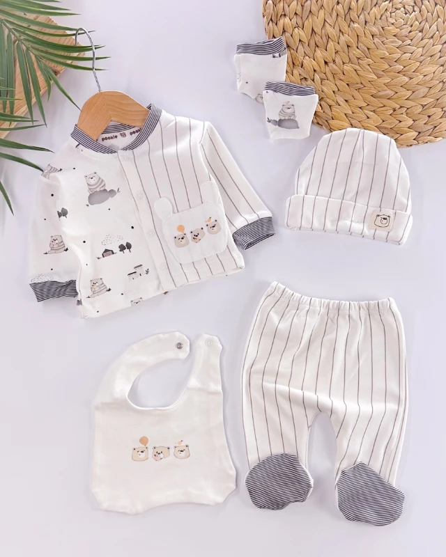 Ayıcık kardeşler önden çıtçıtlı yenidoğan 5li set 