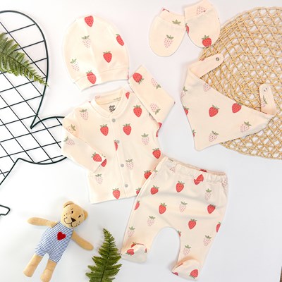 Çilek desen önden çıtçıtlı mevsimlik yenidoğan 5li set