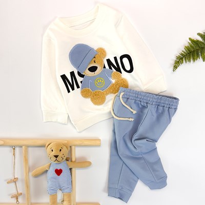 Şapkalı ayıcık nakışlı bisiklet yaka mevsimlik 2li unisex bebe takım 