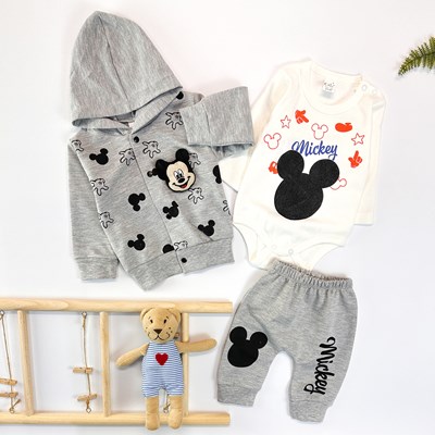 3D Mickey önden çıtçıt hırkalı mevsimlik 3lü takım 