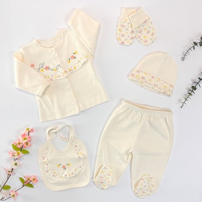 Flowers nakışlı fırfır detaylı mevsimlik yenidoğan 5li set 
