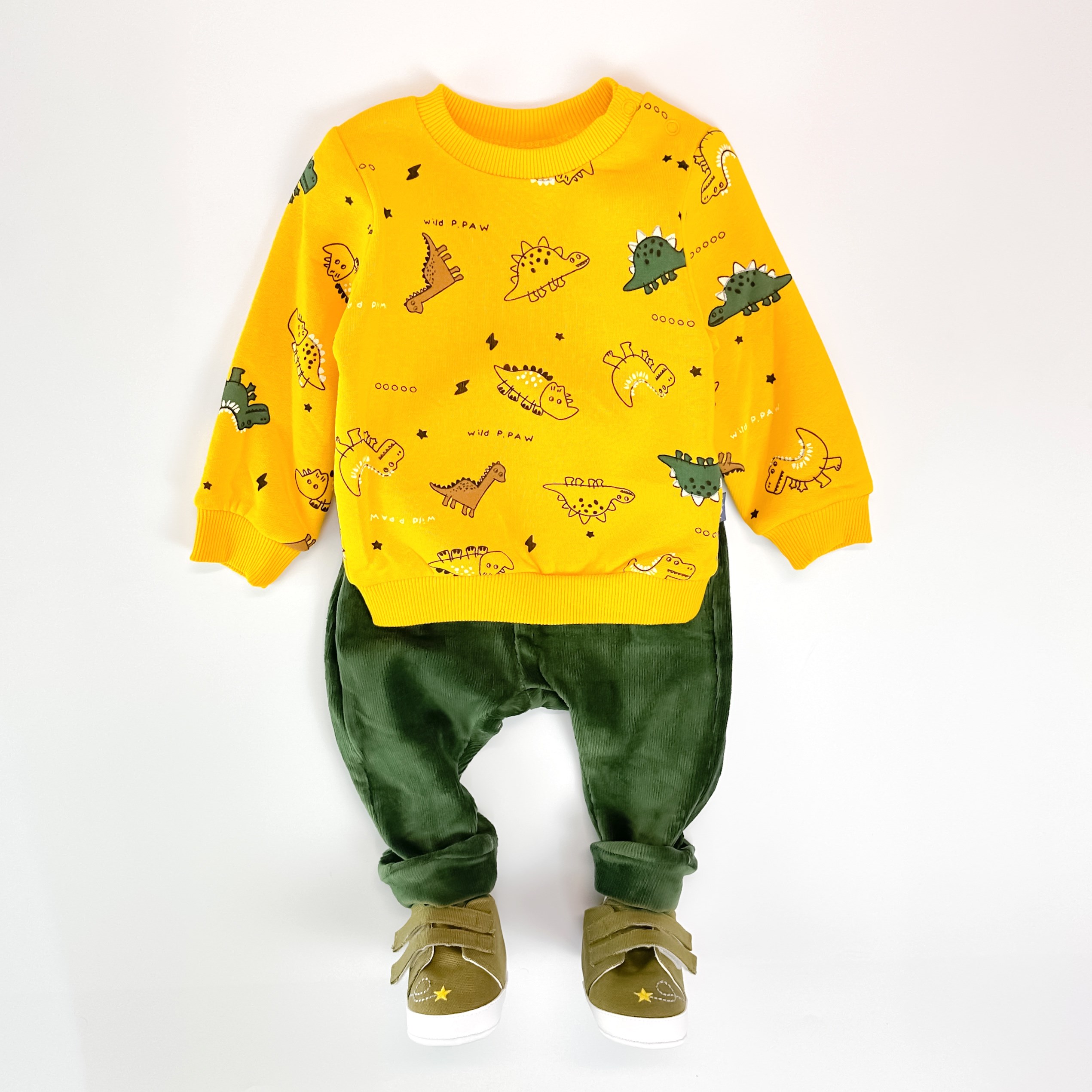 Dinozor desen şardonlu sweatshirt kadife pantolonlu kışlık 2li bebe takım 