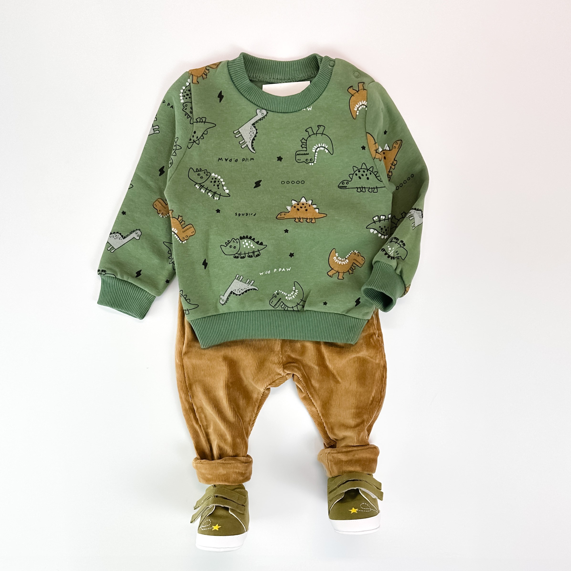 Dinozor desen şardonlu sweatshirt kadife pantolonlu kışlık 2li bebe takım 