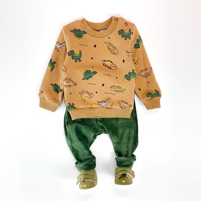 Dinozor desen şardonlu sweatshirt kadife pantolonlu kışlık 2li bebe takım 