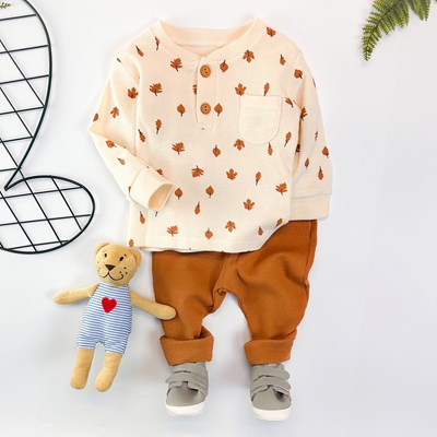 Çınar desenli önden cepli petek dokulu mevsimlik 2li bebe takım
