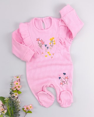Çiçek nakışlı ayaklı mevsimlik bebe tulum 