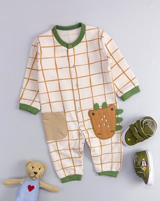 Dino figürlü waffle kumaş mevsimlik bebe tulum