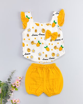 Limon desen fiyonk detaylı yazlık 2li kız bebe takım