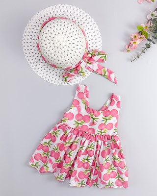 Limon desen arkadan fiyonklu şapkalı yazlık elbise set 
