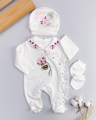 Ortanca nakışlı boydan çıtçıtlı mevsimlik 3lü tulum set