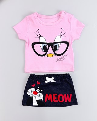 Gözlüklü tweety omuzdan çıtçıtlı etekli yazlık 2li takım 