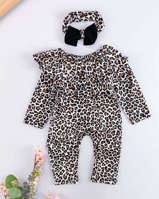 Leopar desen alttan çıtçıtlı bandanalı mevsimlik 2li tulum set 