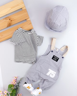 Summer boy çizgili tshırtlu yazlık muslin 3lü salopet set 