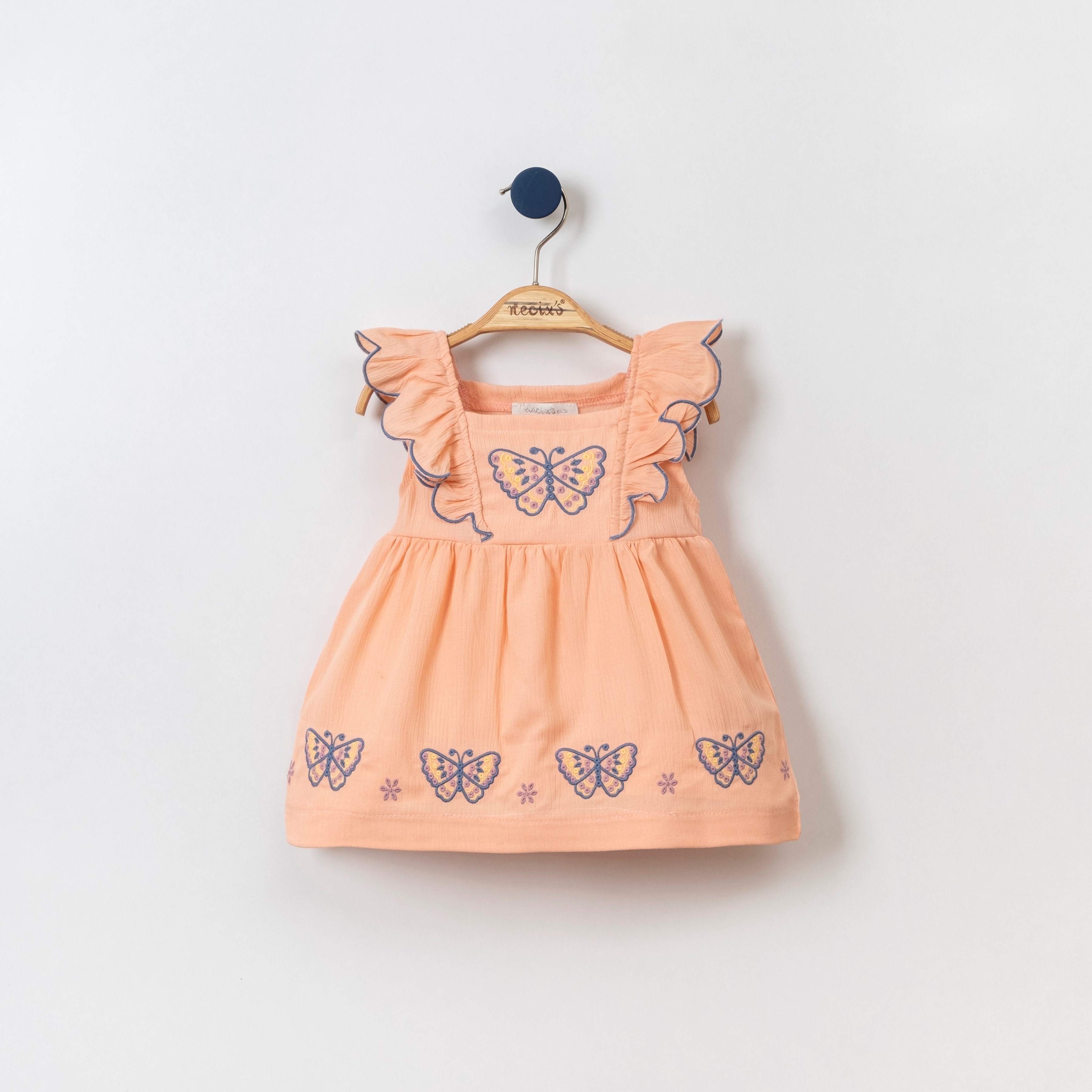 Kelebek nakış detaylı yazlık kız bebek elbise