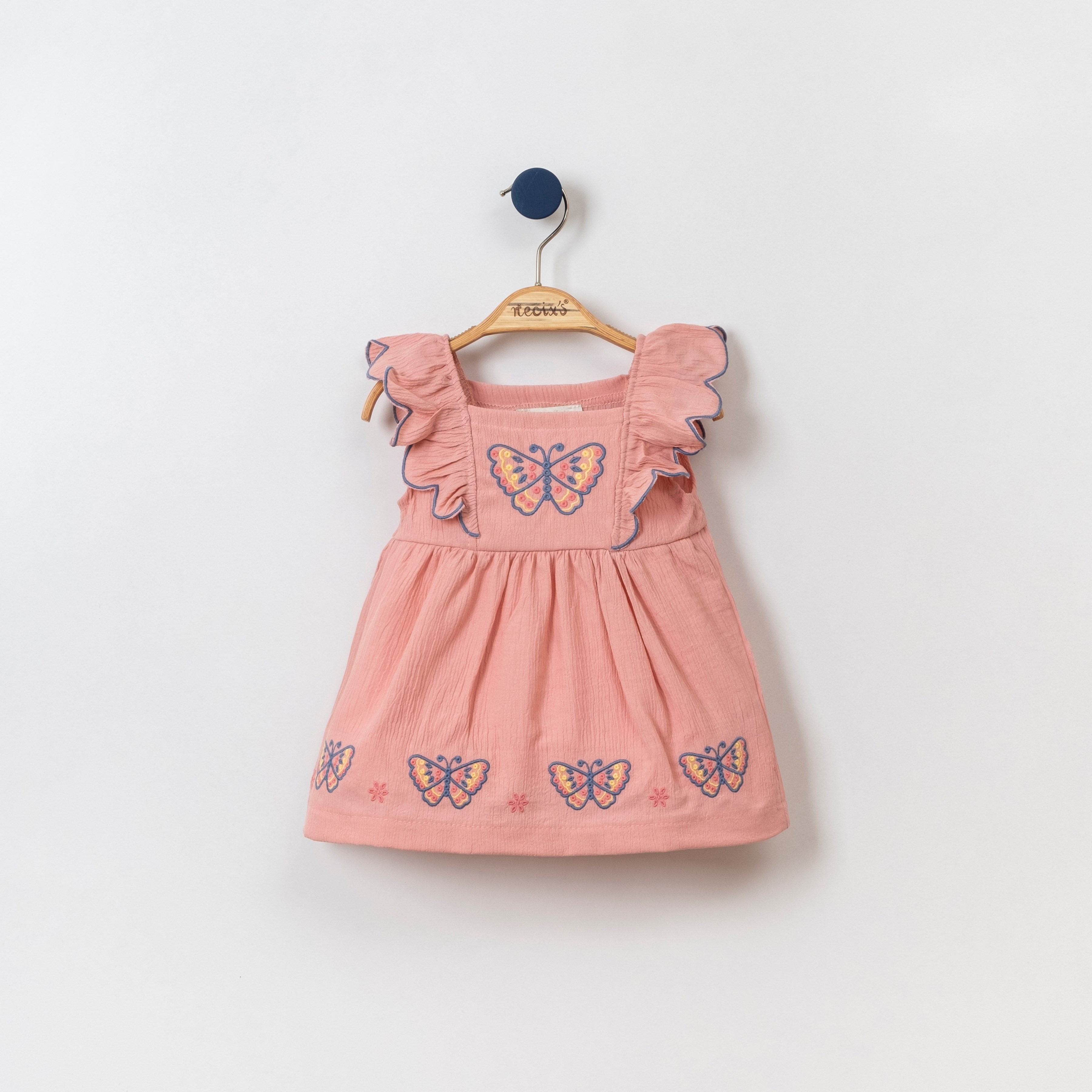 Kelebek nakış detaylı yazlık kız bebek elbise