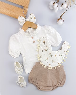 Ponpon detaylı çiçekli muslin yazlık 4lü salopet set 