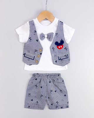 Mickey nakışlı sahte yelekli şortlu yazlık 2li bebek takım 