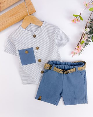 Çizgili gömlekli hasır kemerli yazlık 2li takım 