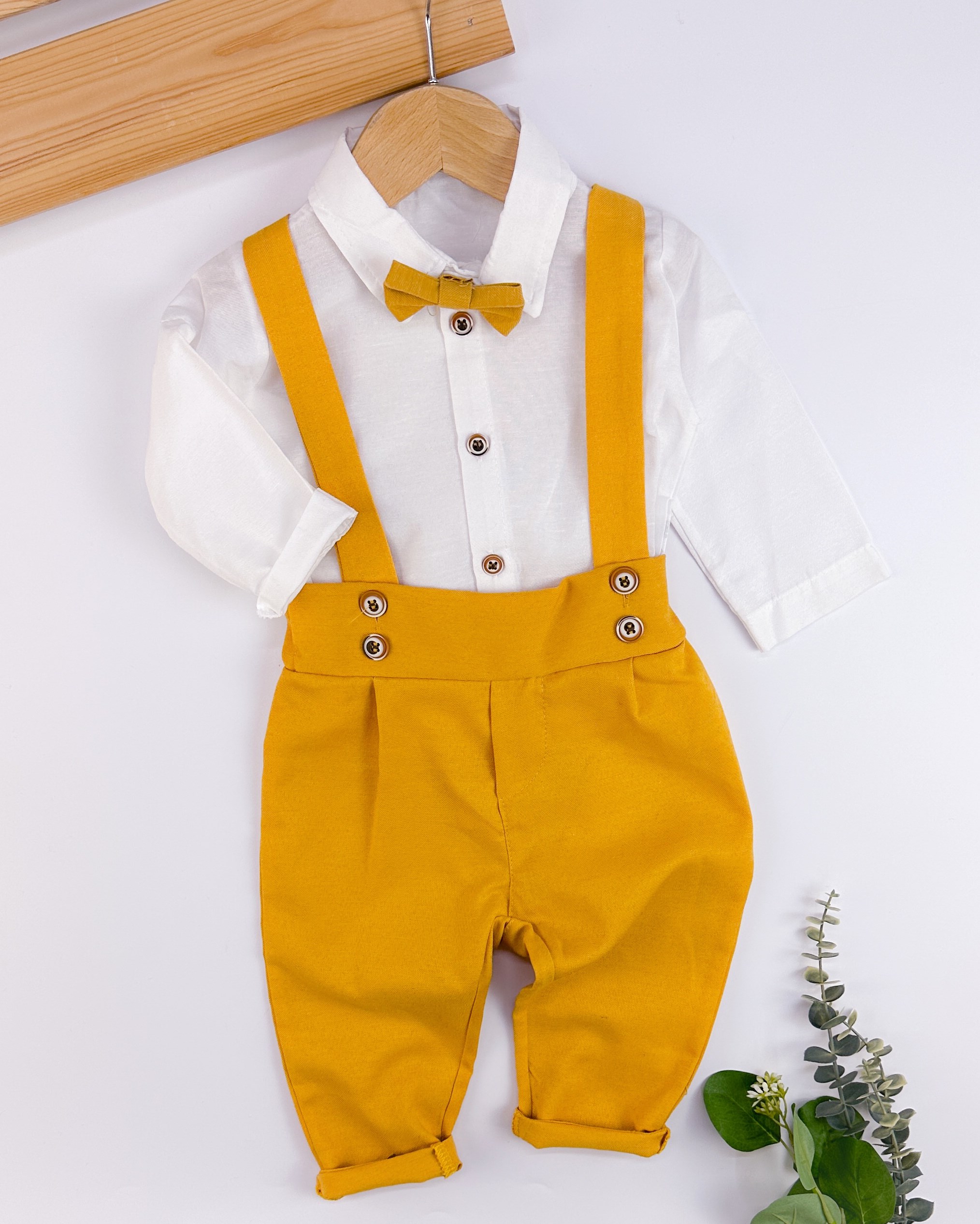 Çıkarılabilir papyon ayarlanabilir kol detaylı gömlek bayramlık 3lü salopet set  