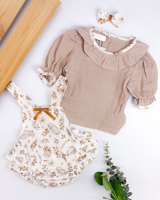 Tavşan desen alttan çıtçıtlı muslin romperlı yazlık 3lü takım 