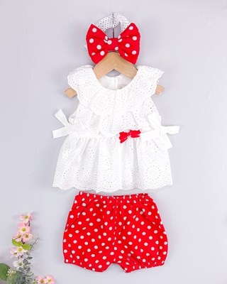 Puantiyeli fiyonk bandanalı yazlık 3lü fisto bebe takım 