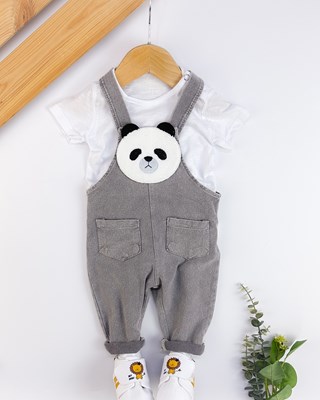 Panda armalı ayarlanabilir askılı beyaz tişörtlü yazlık bebe salopet 