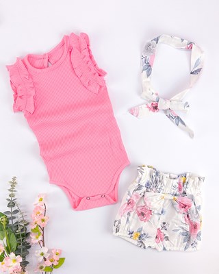 Fitilli kumaş çıtçıtlı badili şortlu bandanalı yazlık 3lü bebe takım