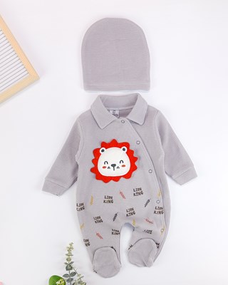 King lion polo yaka waffle kumaş ayaklı mevsimlik bebe tulum