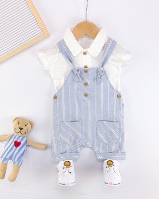 Polo yaka müslin gömlekli çizgili keten solopetli 2li bebe takım