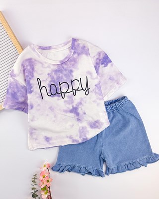 Happy batik baskılı örme kot şortlu yazlık 2li çocuk takım 