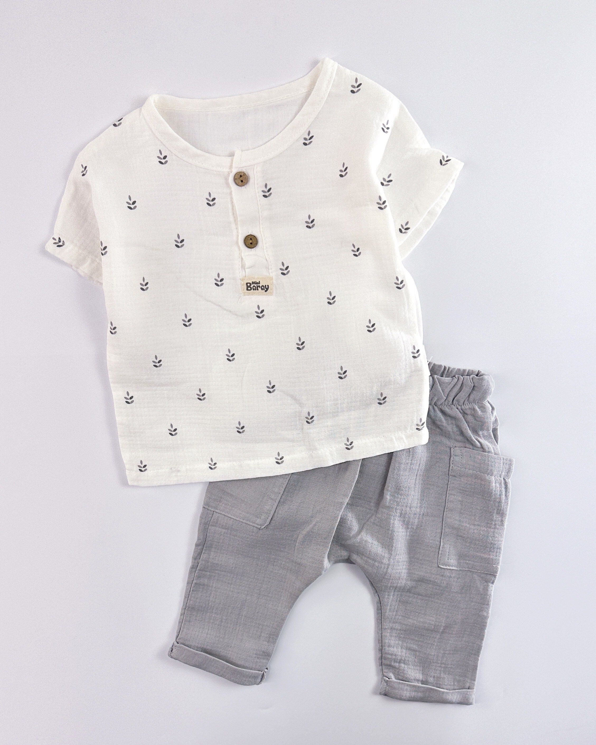 Yaprak desenli bluz şalvar model pantolon muslin yazlık 2li bebe takım