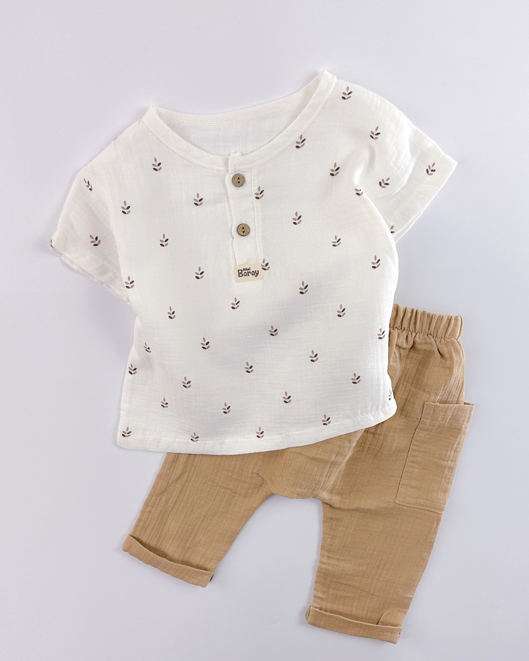 Yaprak desenli bluz şalvar model pantolon muslin yazlık 2li bebe takım