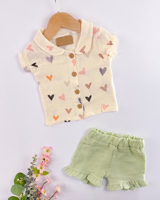 kalp desenli müslin gömlekli 2li yazlık kız bebe takım