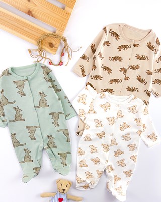koala desen önden çıtçıtlı ayaklı mevsimlik 3lü tulum set