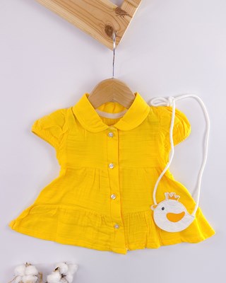 Kuş detaylı çanta bebe yaka müslin elbise