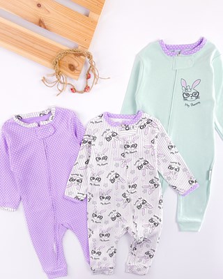 tavşan desen boydan fermuarlı 3lü tulum set