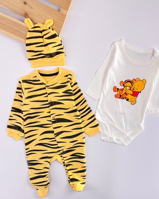 tiger desen boydan çıtçıtlı şapka badi tulum 3lü set