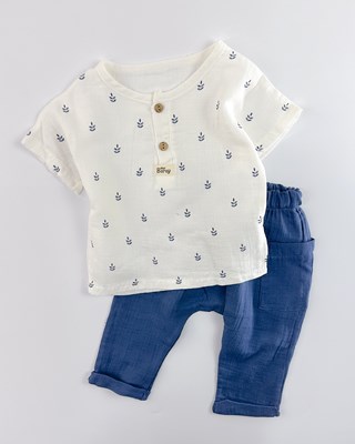 Yaprak desenli bluz şalvar model pantolon muslin yazlık 2li bebe takım