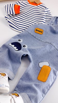 monster kot salopet şeritli uzun kollu sweatshirt mevsimlik 2li bebe takım