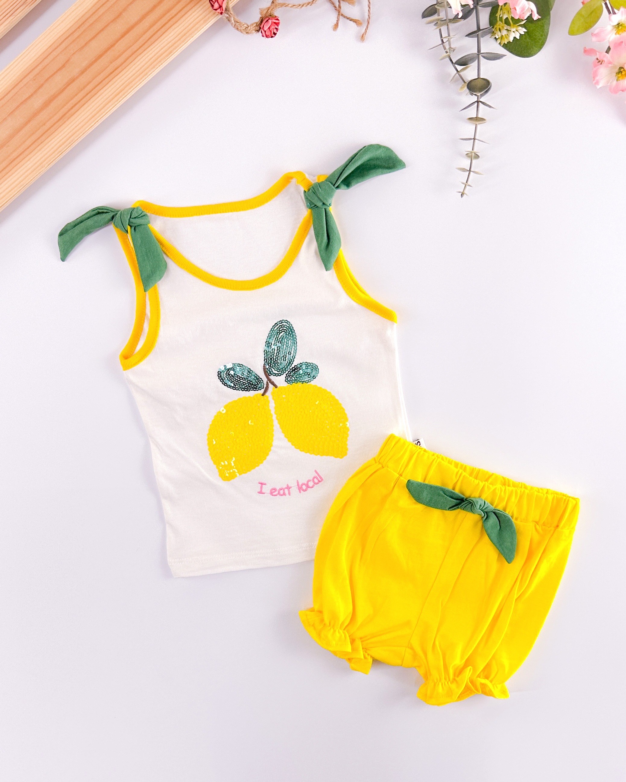 limon desenli yazlık şortlu 2li kız bebe takım