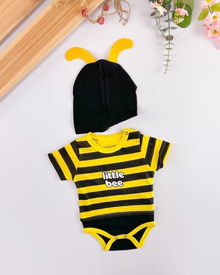 little bee alttan çıtçıtlı şapkalı yazlık tulum set