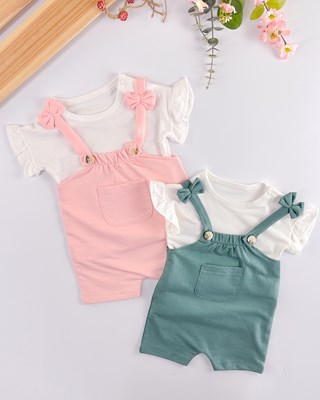 waffle kumaş tshirt fiyonk detaylı salopet yazlık 2li kız bebe takım