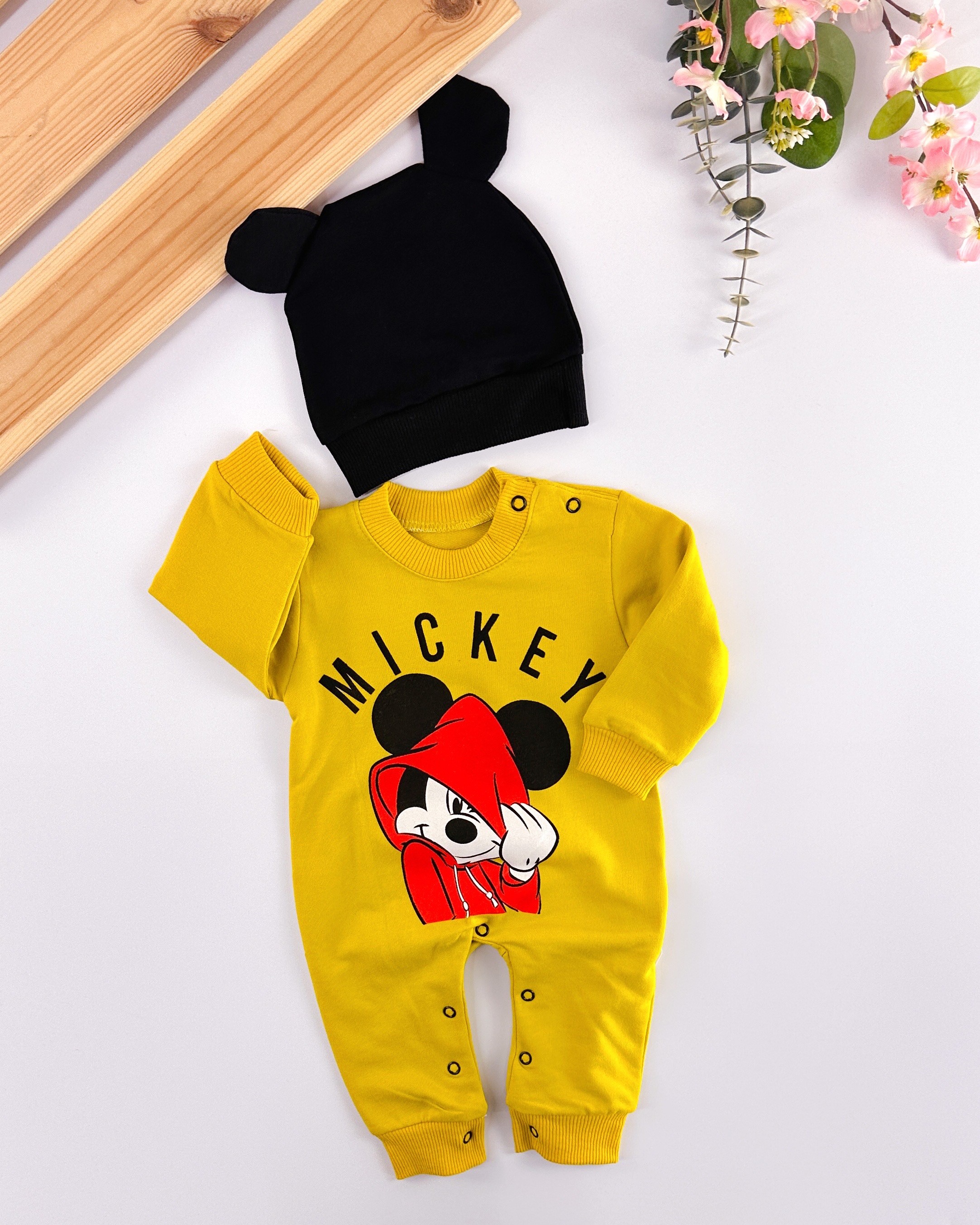 Mickey şapkalı alttan çıtçıtlı mevsimlik tulum set