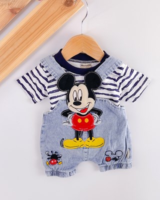 Mickey mouse armalı kot salopet  çizgili tshirt yazlık 2li takım 
