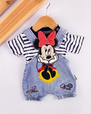 Minnie mouse armalı kot salopet çizgili tshirt yazlık 2li takım 