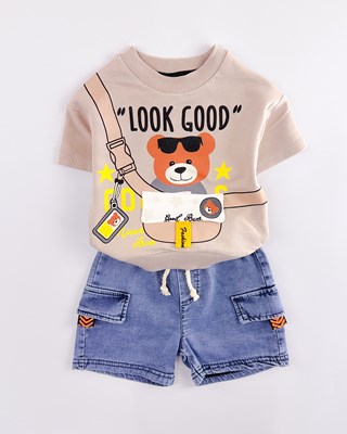 Look good sahte cep detaylı kot şort tshırt yazlık 2li takım 